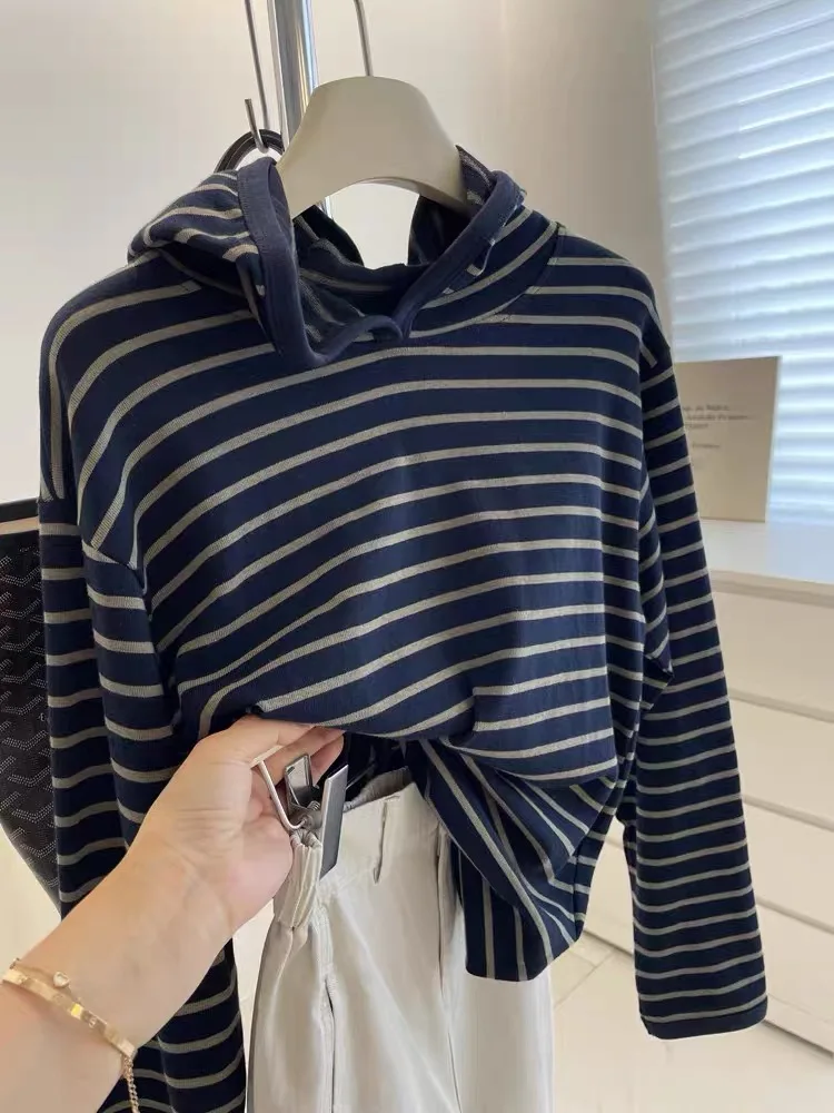 Retro Korean Style Striped Hoodie Women's Long Sleeve Loose Slimming Fashion plus Size Top Standard Fit T-Shirt Autumn New Ar...