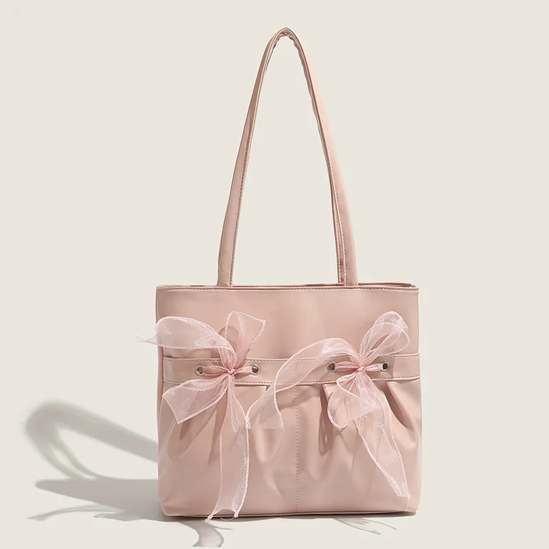 

2025 Oversized Bow-Detail Tote Bag, Sweet Lazy Girl College Shoulder Bag, Large Capacity Preppy Purse