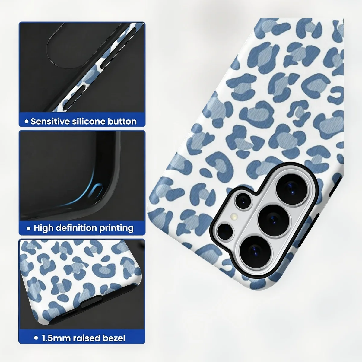 Blue Leopard Print 2-in-1 Dual-Layer Phone Case for Samsung Galaxy S26 S25 S24 S23 S22 S21 Plus Ultra FE S20 FE A56 A17 A16 A15