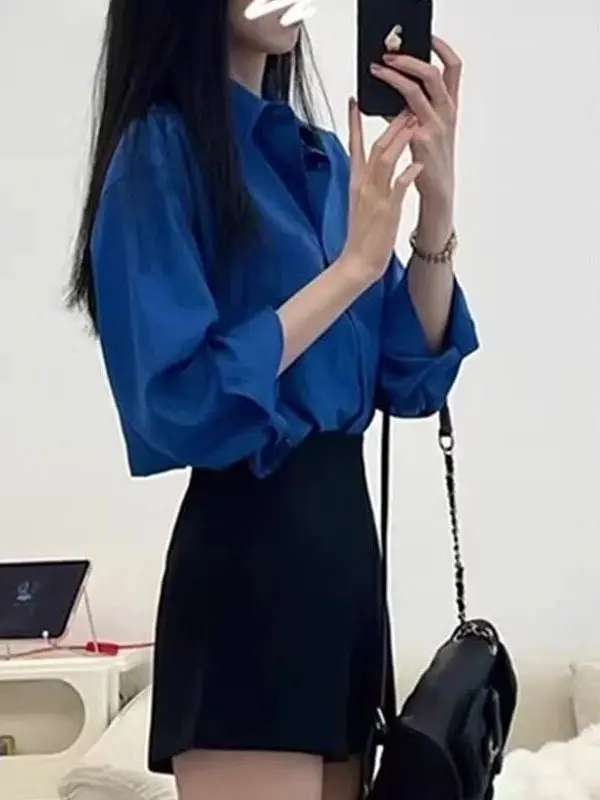 

Элегантная женская рубашка в стиле New Klein Blue с длинным рукавом, модный молодежный топ с эффектом стройности, с открытым воротником