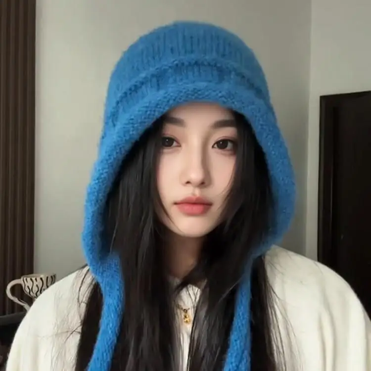 Blue Knitted Woolen Hat Women's Style 2026 New Autumn Winter Warm Ear Protection Large Head Circumference Korean Style All-Ma...