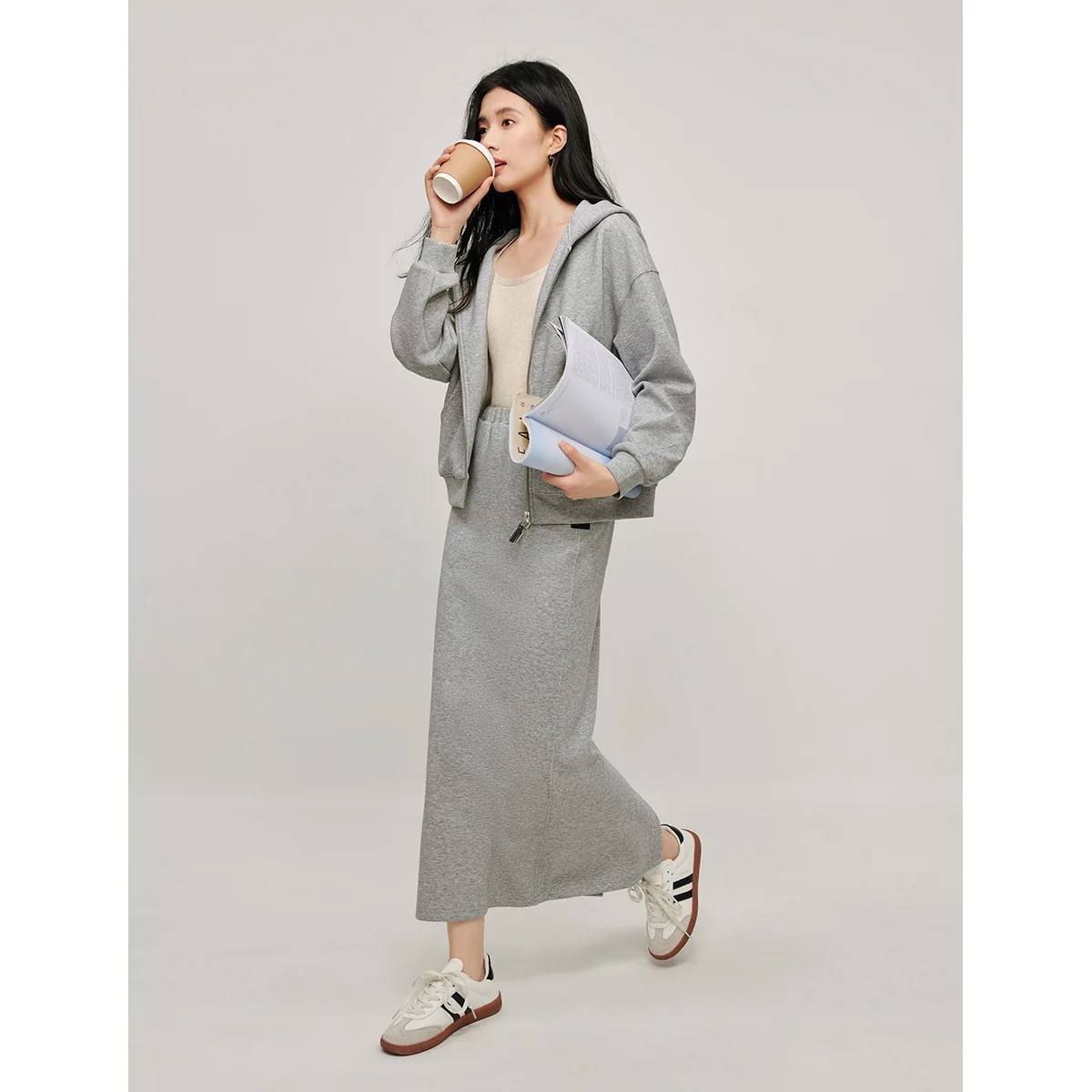 Inman Casual split grijze midi-rok 2025, herfst dames nieuwe halflange dikke rechte rok