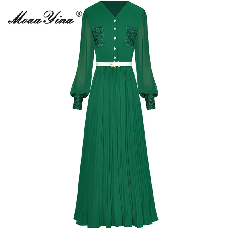 

MoaaYina Summer Fashion Runway Green Vintage Dress Women V-neck Embroidery Button Sashes Gathered Waist Slim Pleated Long Dress