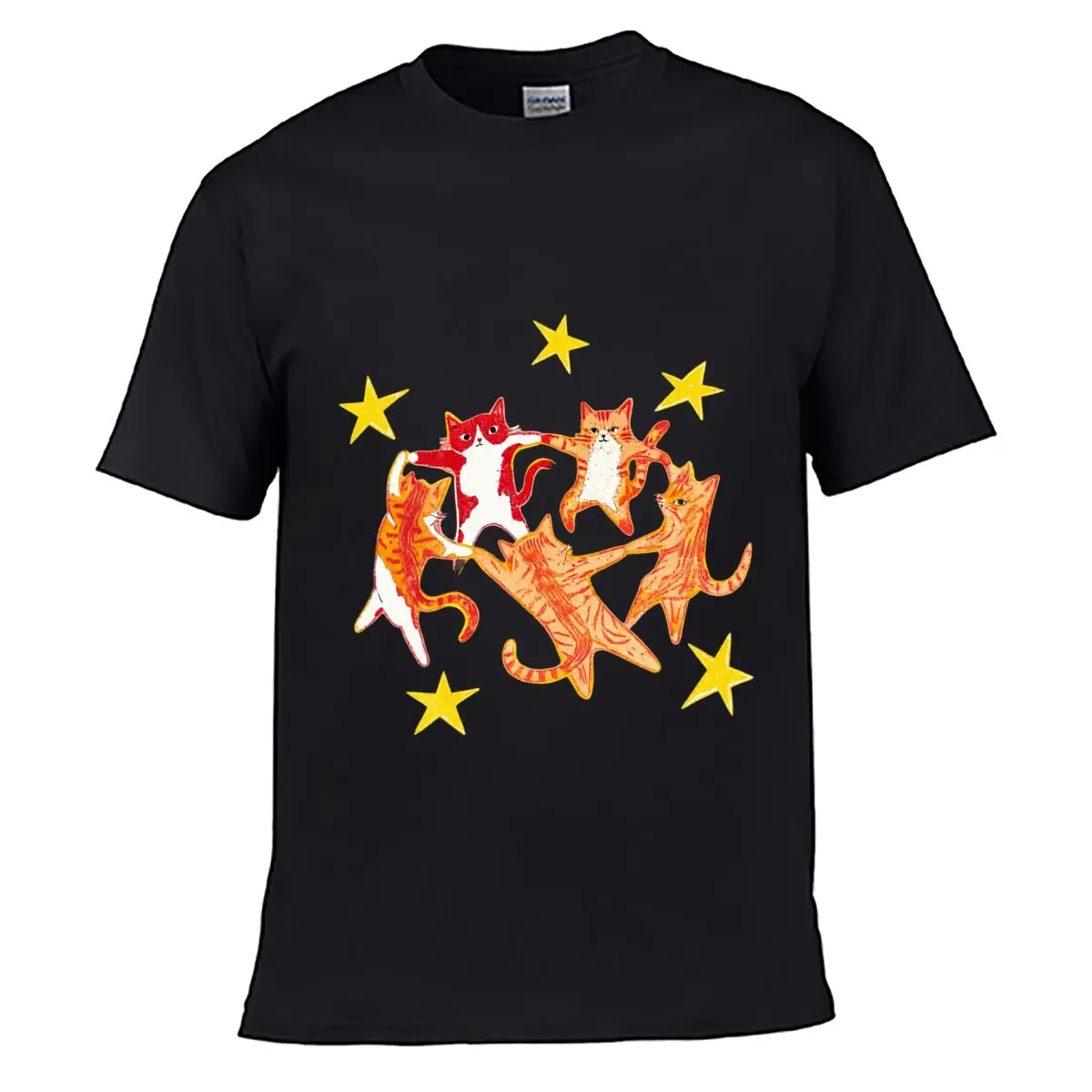 Dancing Cats Yellow Stars Whimsical Feline Pattern short-sleeved T-shirt