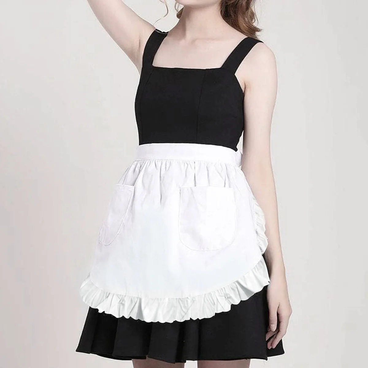 Maid Apron Home Half-length Princess Apron European Style Pure White Half-length Ruffled Lace Double Pockets