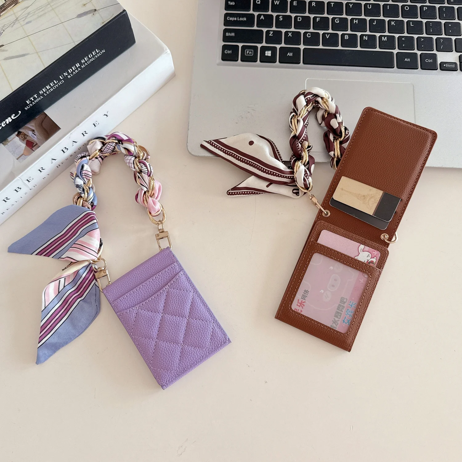 Cards Bag for Women with Mirror, Coin and Silk Wrist Strap