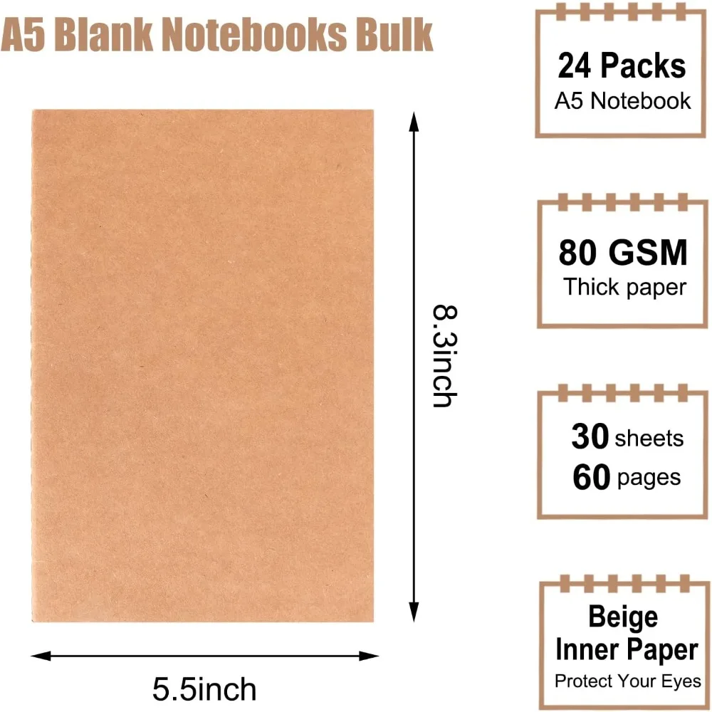 24 Pack A5 Blank Kraft Notebooks for Journaling, Sketching, Travel, 60 Pages Each