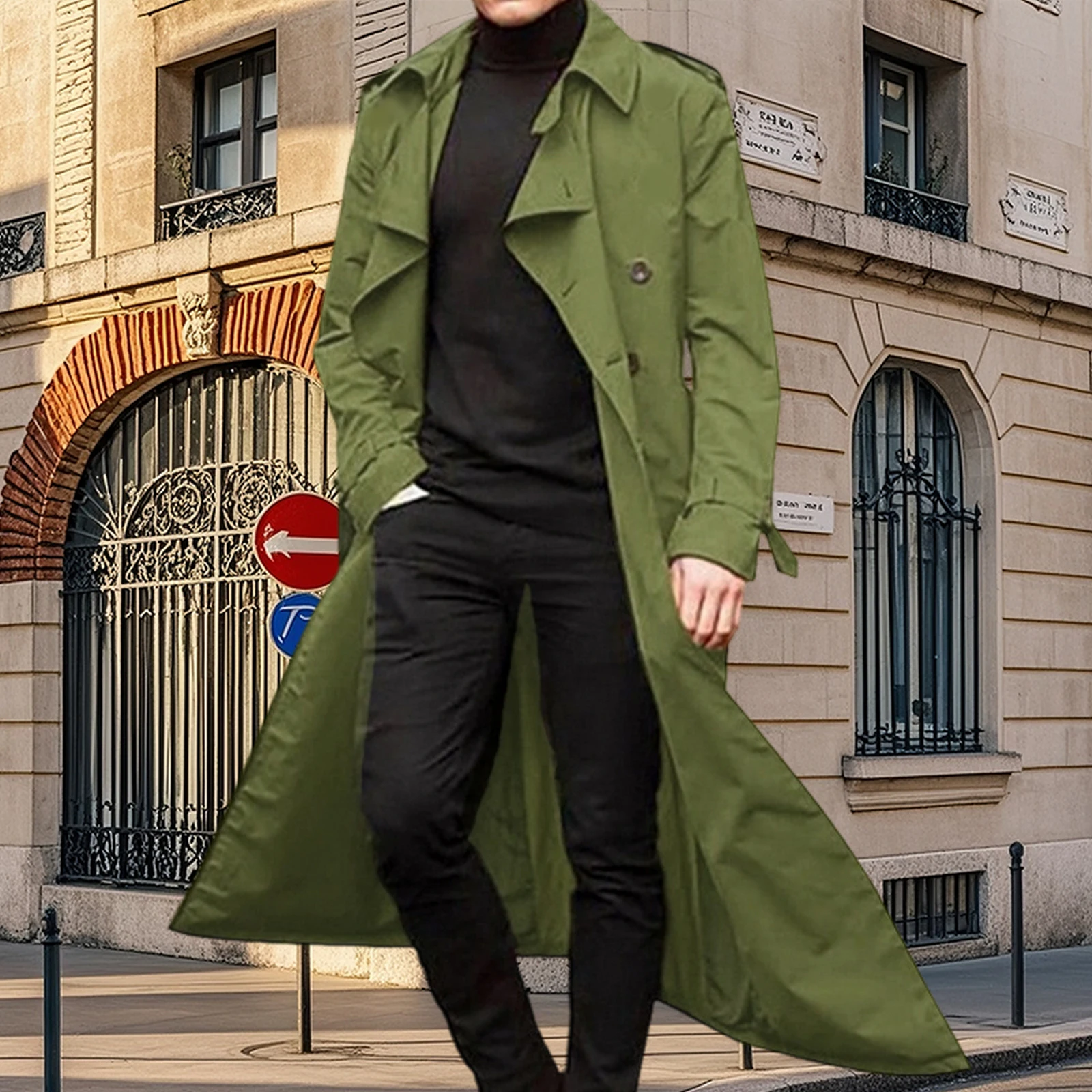 Chaqueta cortavientos con cinturón de color sólido con solapa de manga larga para otoño e invierno de primera calidad para hombre