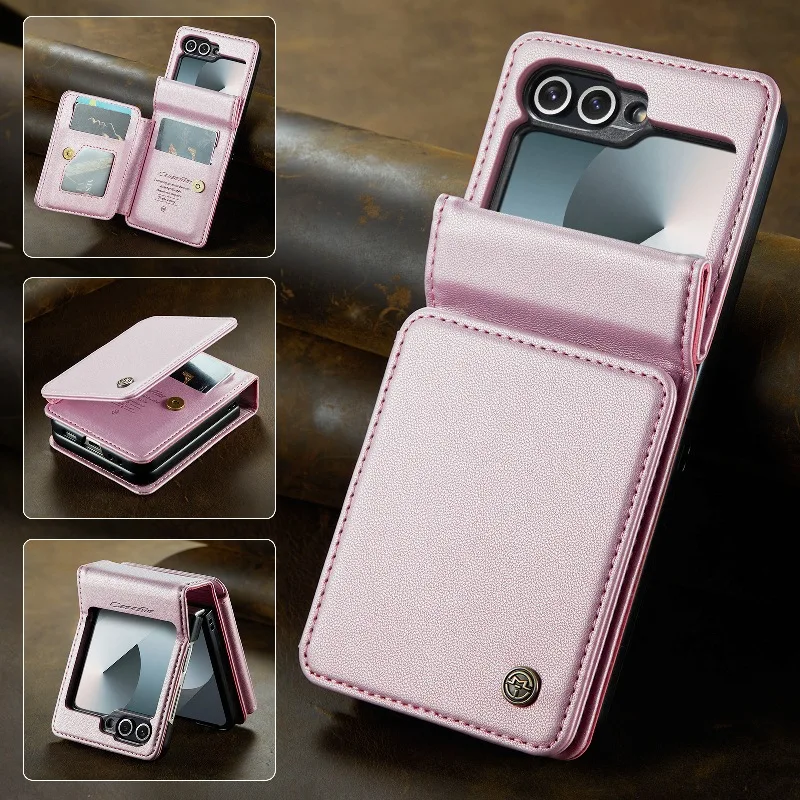 

Back Magnetic Flip Card Slot Phone Case For Samsung Galaxy Z Flip6/Z Flip5/Z Flip4/Z Flip 3 Solid Color Leather Protective Cover