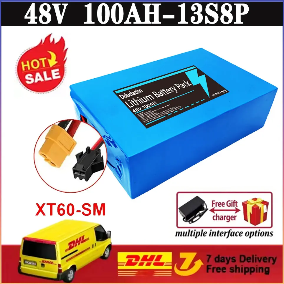 48V 100ah 13s8p lithium-ion batterijpakket 48V 10000mAh 2000W elektrische batterij, ingebouwde 50A BMS+oplader 18650 batterijpakket