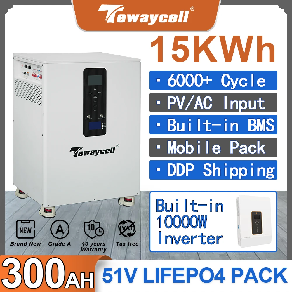 48V Powerwall 15KWH ALL in One Mobile ESS 51V 304Ah LiFePO4 Battery Pack Buitl-in 10KW Inverter WiFi Solar Energy System no Tax