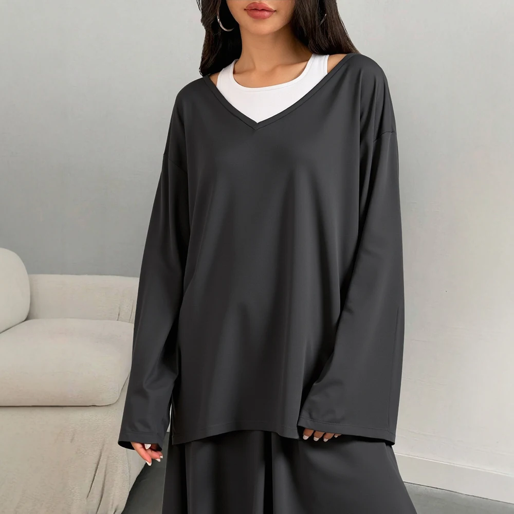 

Mia Muse Boutique Autumn T-Shirts 2025 Women's Casual Contrast Color Long Sleeve Round Neck Loose Fit Casual T-Shirts