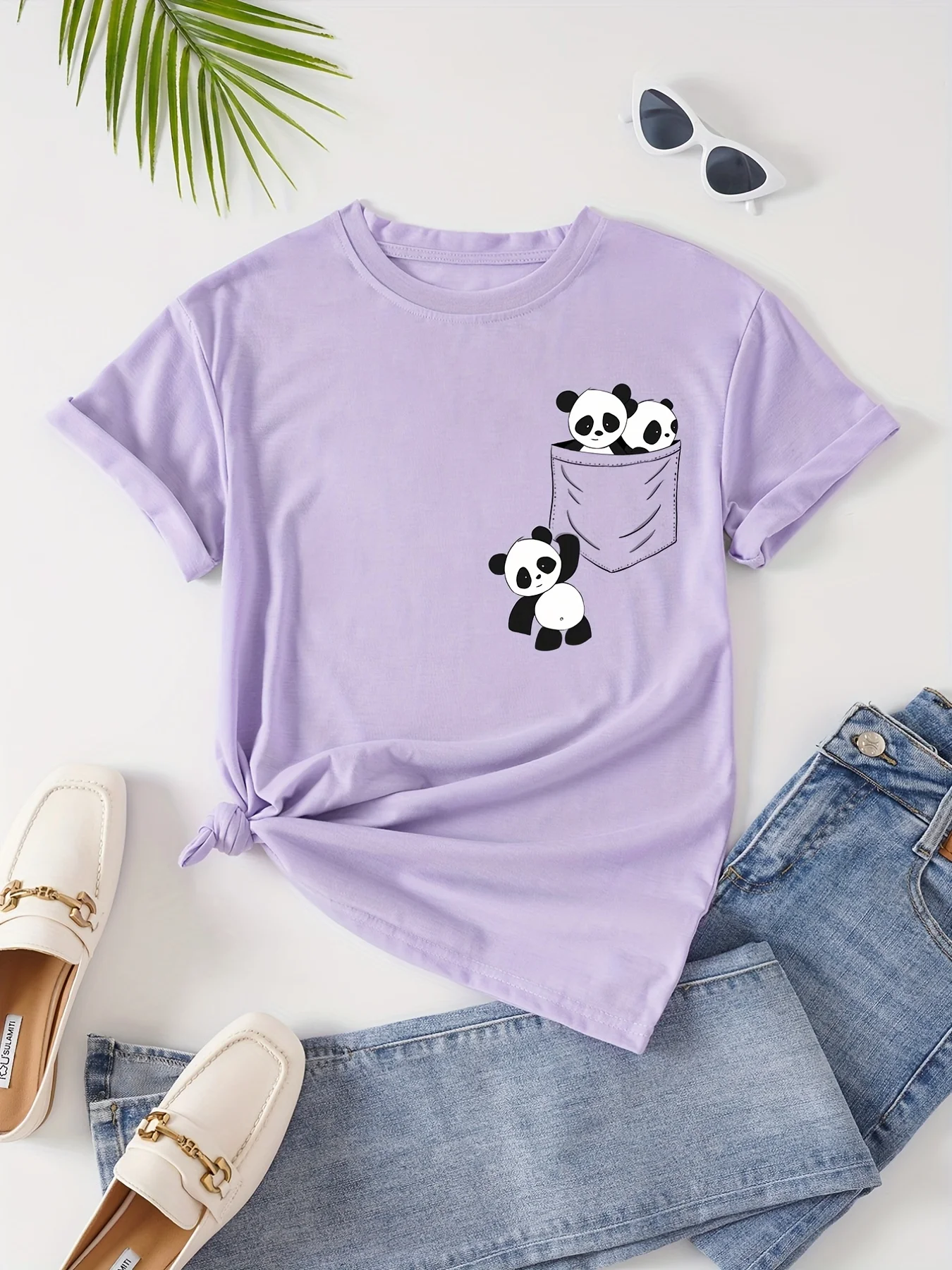 Women'S T-Shirt, Cute Women'S T-Shirt, Summer T-Shirt, Sweet Women'S T-Shirt, Round Neck T-Shirt, Women'S Printed T-Shirt, Women'S Black T-Shirt, Women'S Panda Printed T-Shirt, -Containing T-Shirt, Comfortable Fabric T-Shirt, Cute T-Shirt