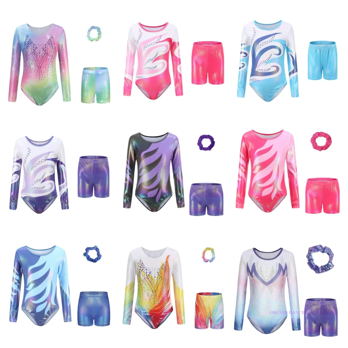 Hot Bambini Ragazze Bambini Blu Rosa Viola Manica lunga Ginnastica ritmica Body con pantaloncini Set Abiti Tute Tute