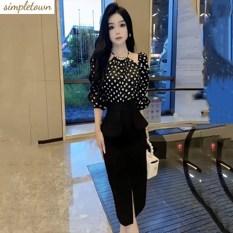 

Summer new fashionable polka dot printed neck hanging chic shirt+slim fit skirt two-piece set