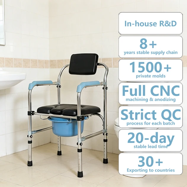 Simplywalk Stainless Steel 136KG Height Adjustable Home Bathroom Commode Chair for Elderly Manufacturer UKCA Distributor Support
