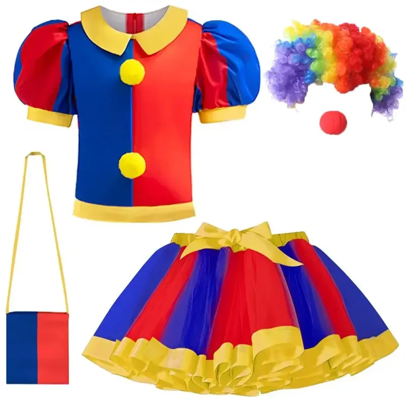 El increíble circo Digital Pomni disfraz de Cosplay para niños vestido de princesa para niñas Top + faldas tutú + bolsa + peluca niños Halloween Navidad