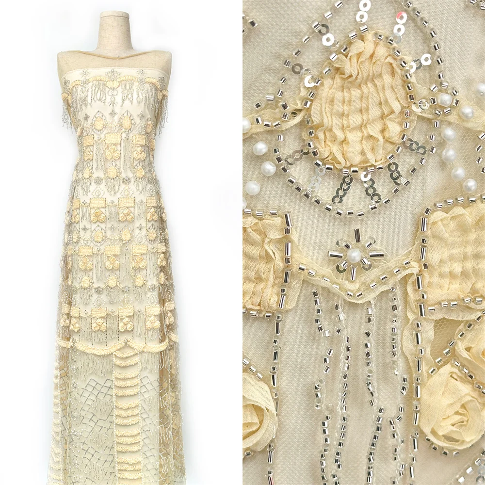 

African Beaded Tulle 3D Lace Fabric 2026 High Quality Luxury French Nigerian Sequins Mesh Lace for Christmas Party Dress Sewing