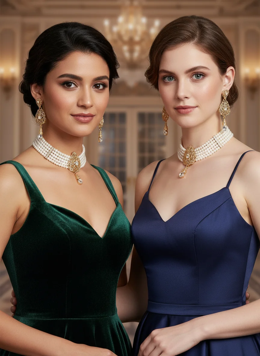 Moroccan Pearl Choker Jewelry Set Gold Filigree Teardrop Crystal Necklace Earrings Women Wedding Caftan Party Jewellery