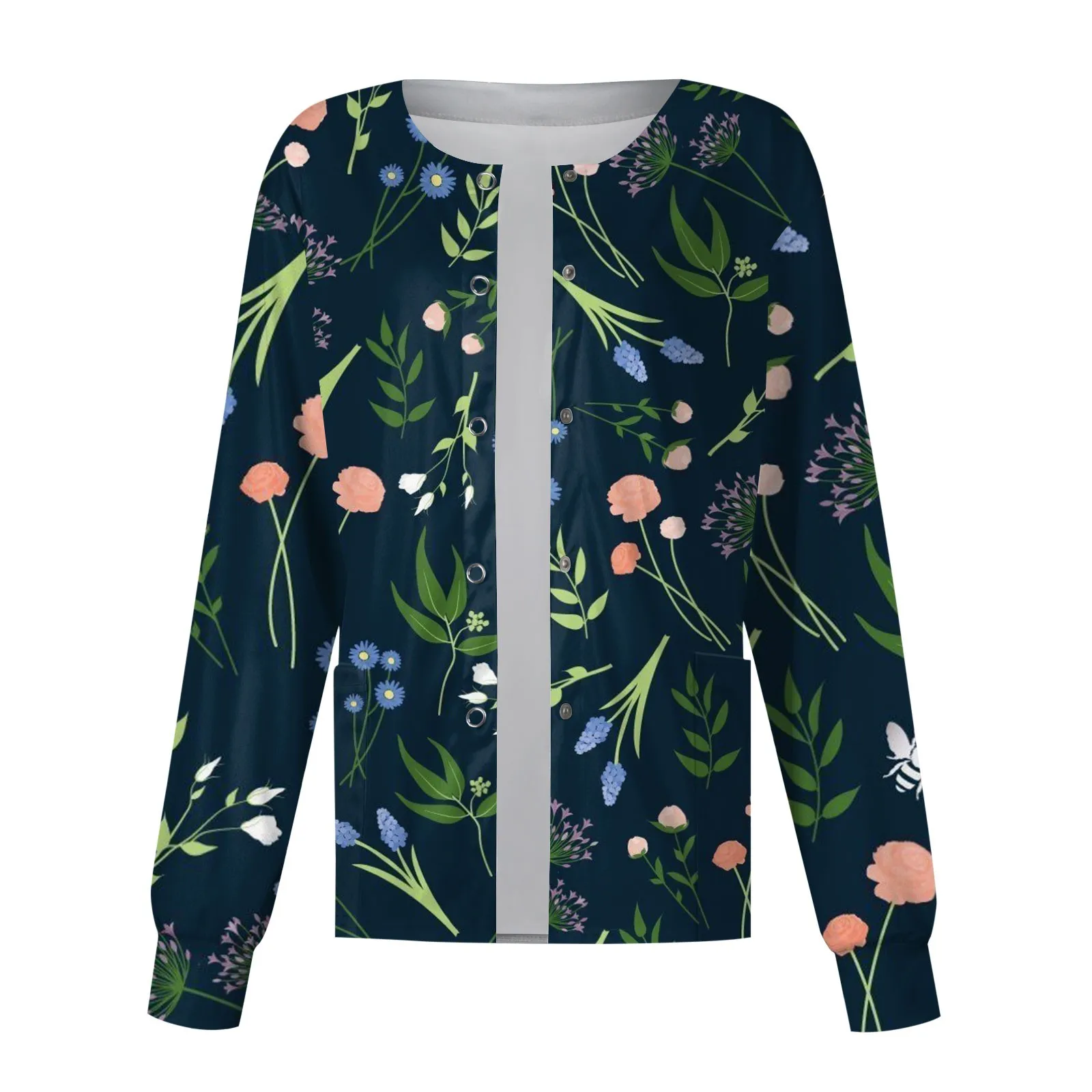 Women Printed Nurse Uniform Long-Sleeved Scrubs Top O Neck Single-Breasted Beauty Salon Work Uniforms Doctors Surgical Top Shirt