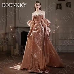 EOENKKY Long Mermaid Evening Dresses Glitter Sequin Spaghetti Strap Sweetheart Neck Prom Party Dress Detachable Train Customized