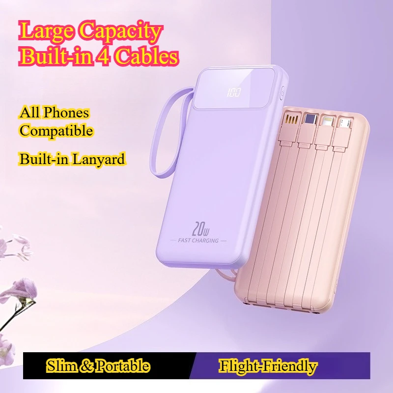 20000mAh Fast Charge Power Bank Digital Display Large Capacity Built-in 4 Charging Cables Universal Mobile Power Bank