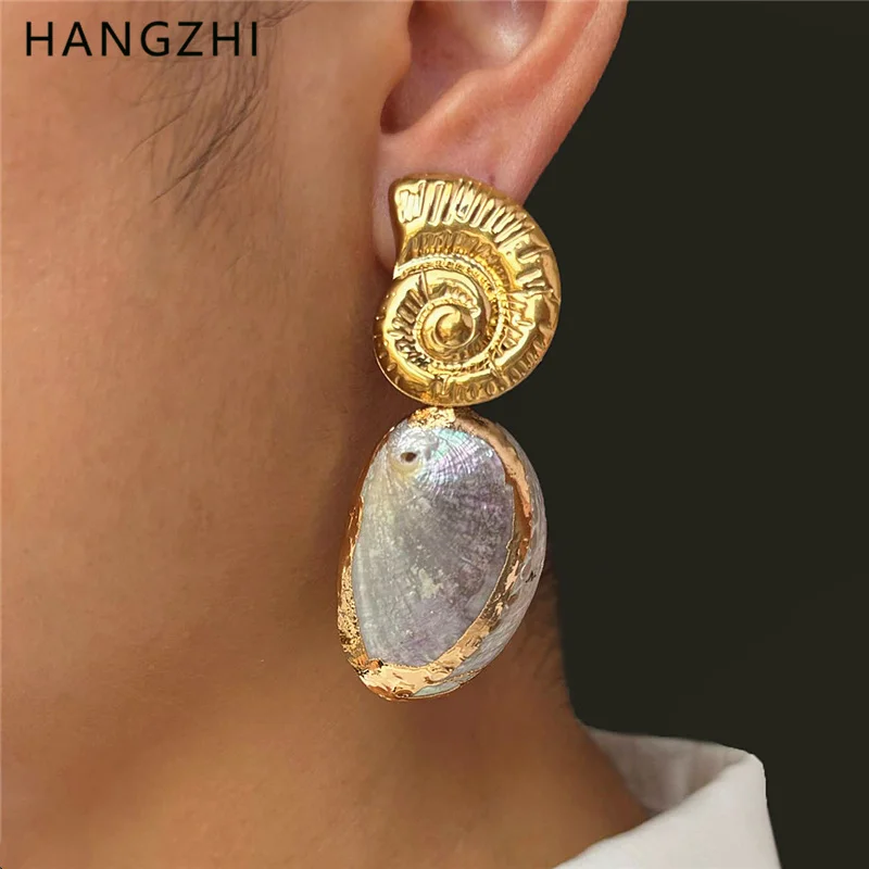 HangZhi элегантные длинные серьги из нержавеющей стали с натуральной ракушкой золотого цвета, модные персонализированные женские украшения для женщин