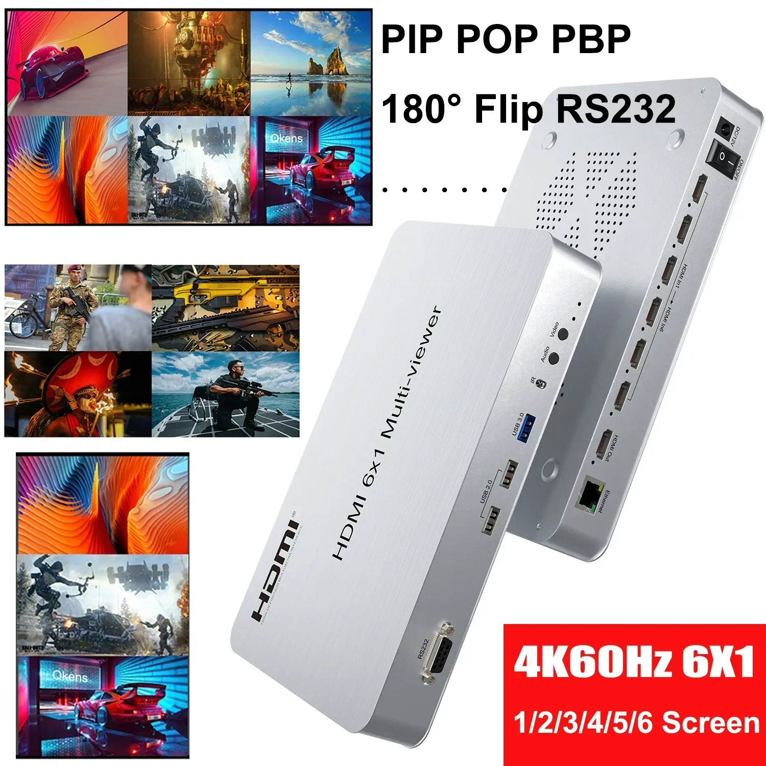 

Мультиэкранный разветвитель HDMI 1080p 6x1, бесшовный переключатель HDMI с несколькими отделениями, поддержка 4K, 60 Гц, PIP, POP, зум, вход, выход RS232