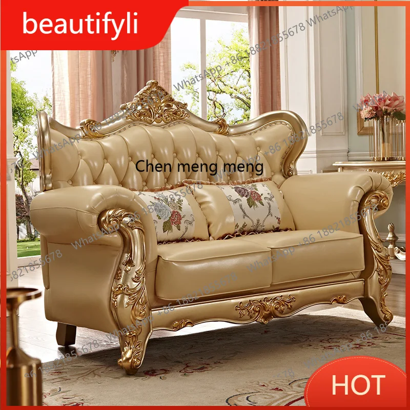 

A139 European sofa leather small apartment luxury living room full solid wood carving flower first layer cowhide furniture