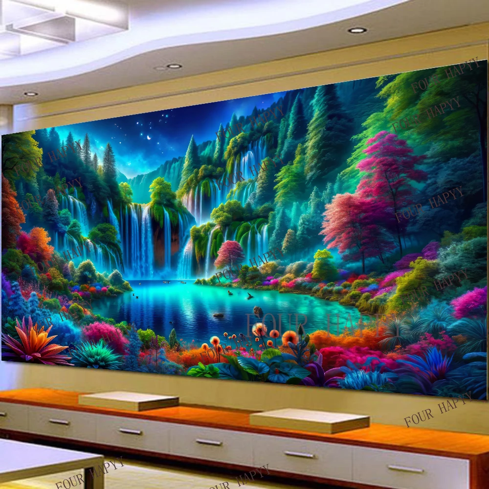 

5D DIY Large Diamond Painting Cross Waterfalls Lake Colorful Flora Landscape Wall Art, Full Round Drill, Embroidery Home Decor