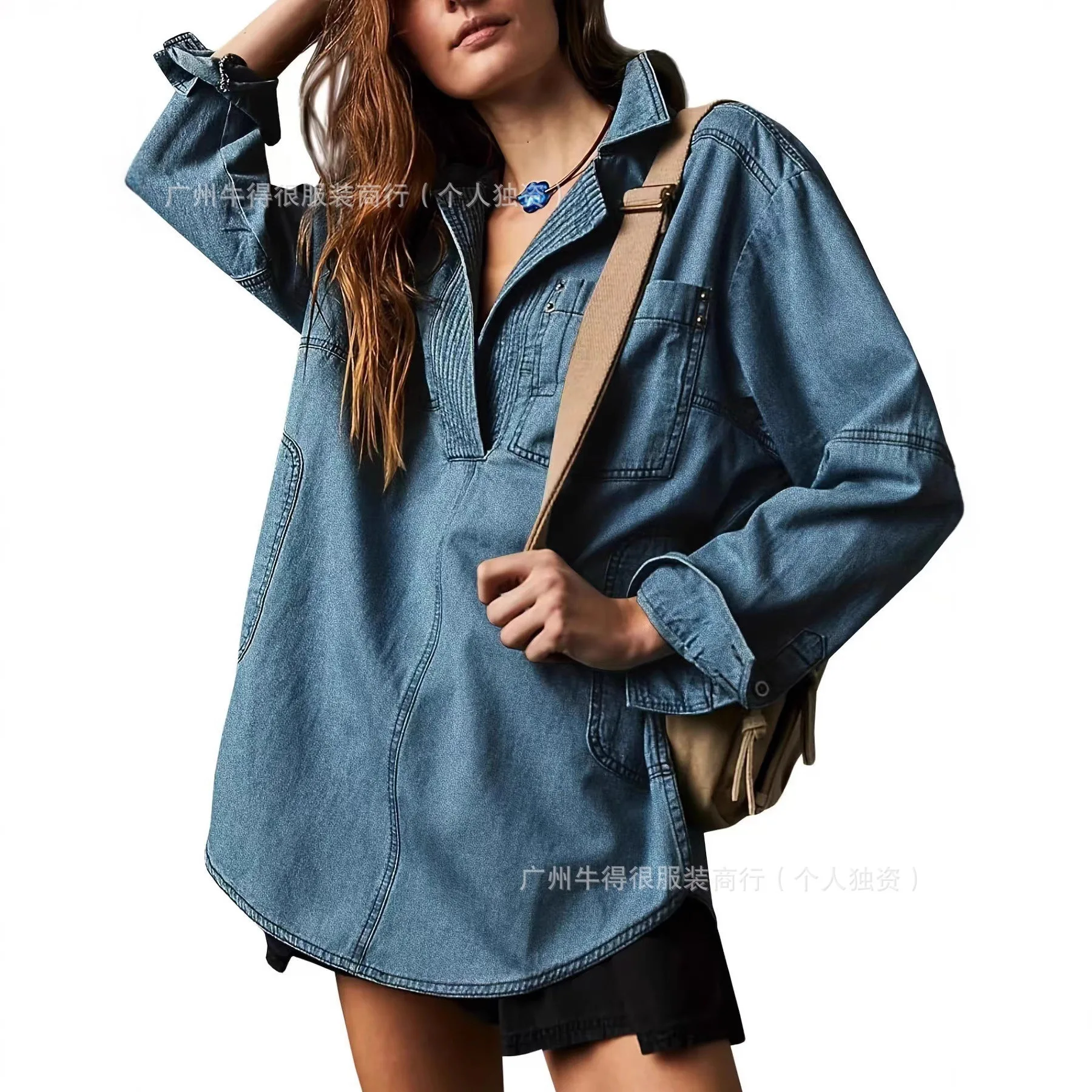 Womens Long-sleeved Shirt Clothing 2026 Autumn Fashion Basic Ladies Jean Tops Dark Blue Blouse Womens Casual Loose Demin Shirts