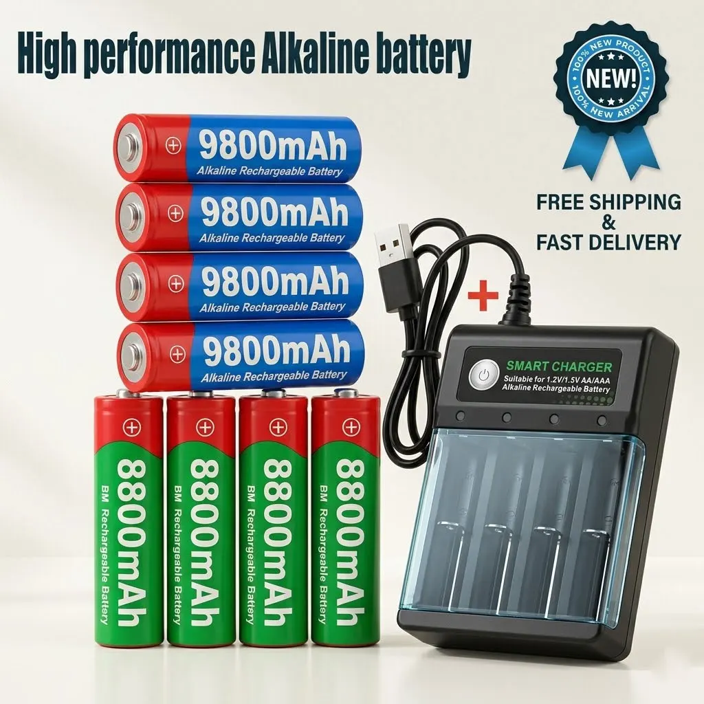 1.5V High Capacity Rechargeable Battery AA9800mAh AAA8800mAh with Smart Charger for Clock Radio Video Game Electronic Toys