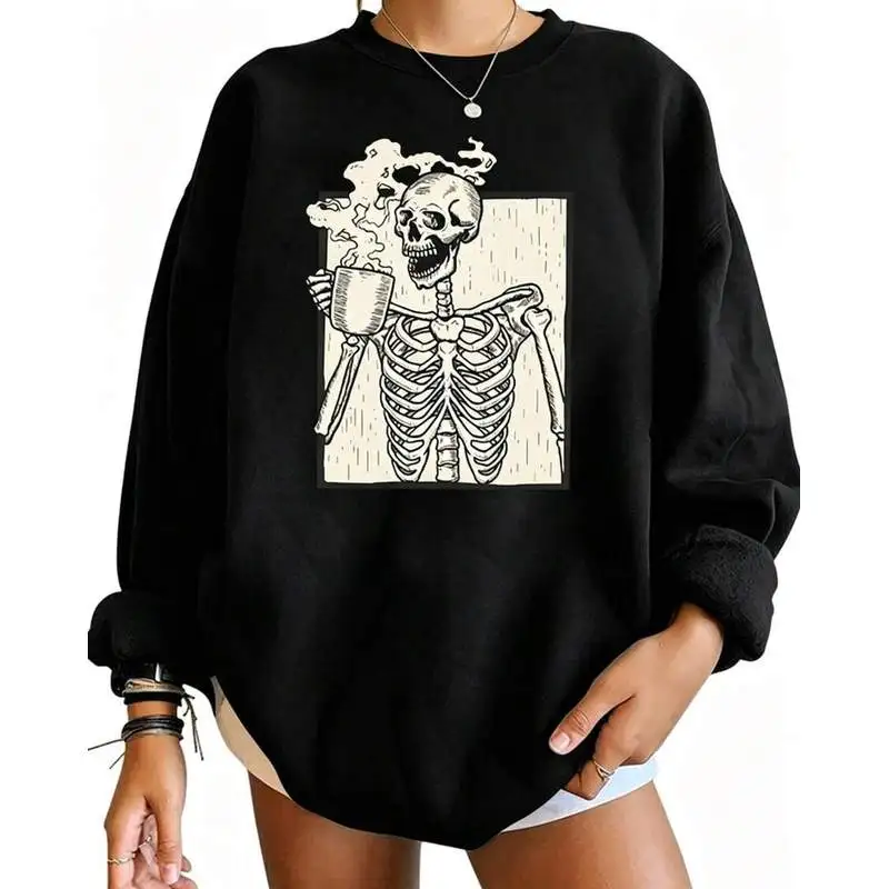 Halloween Skull Pattern Printed Wool Sweatshirt Neck Long Sleeve Drop Shoulder  Casual Neck Short Sleeve T-Shirt For Women