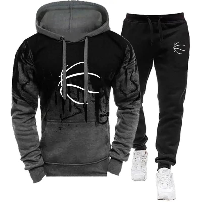 Fashion Printed Tracksuit Men\'s hooded Hoodie + Sports Pants Sets Pullover Sweater Tops and Jogging Casual 2 piece Outfit