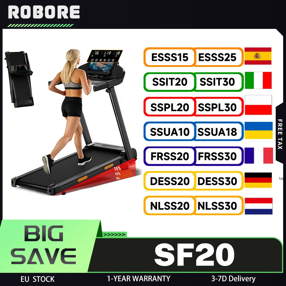 ROBORE SF20 avec pente de 15 %, tapis de course pliable pour la maison, vitesse de 12 km/h, charge maximale de 136 kg, moteur silencieux sans balais amélioré de 3,0 CV, bande de course de 97×40 cm,
