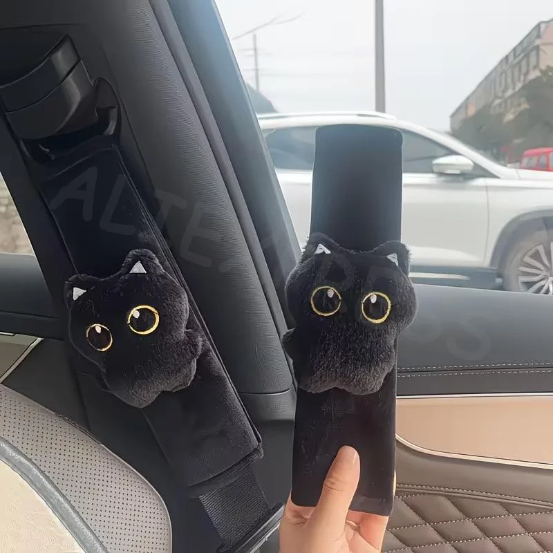 Black Cat Plush Seatbelt Shoulder Pad Soft Car Safety Cover Friendly Design for Comfortable City Driving and Long Journeys
