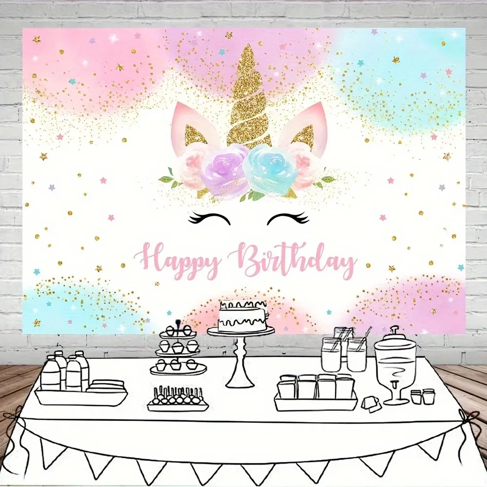 Rainbow Unicorn Background Happy Birthday Party Decoration Girl Watercolor Flowers Sparkling Stars