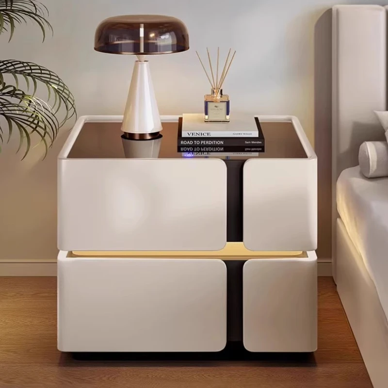 *luxury Home furniture LED induction light nightstands wireless charging tri color light wooden Bedside table designer
