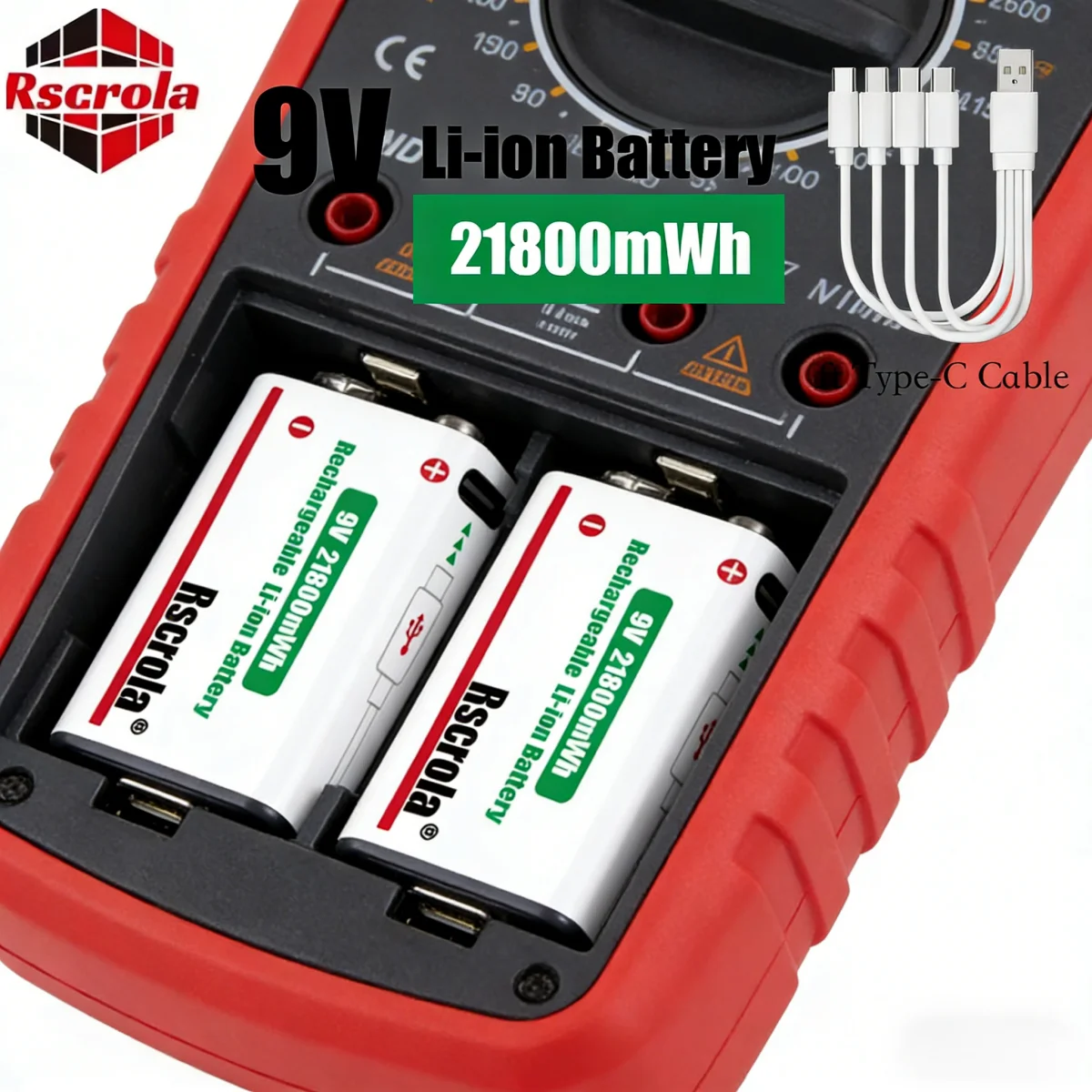 Rscrola Rechargeable 9V Li-ion Battery 21800mWh Fast USB Charging for Multimeter/Microphone/Guitar Effects Pedal Long Lasting