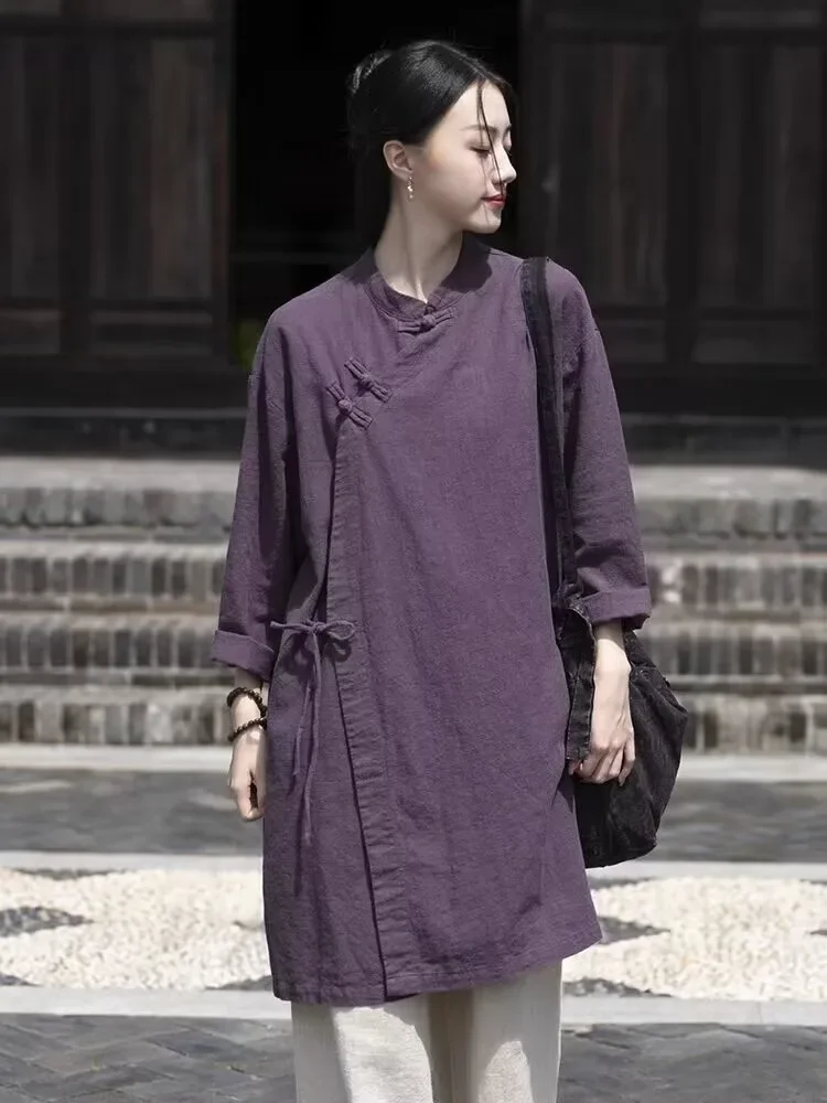 2024 New Chinese Style Retro Cotton and Linen Tops China Traditional Clothing Women Mid-length Shirt Vintage Solid Color