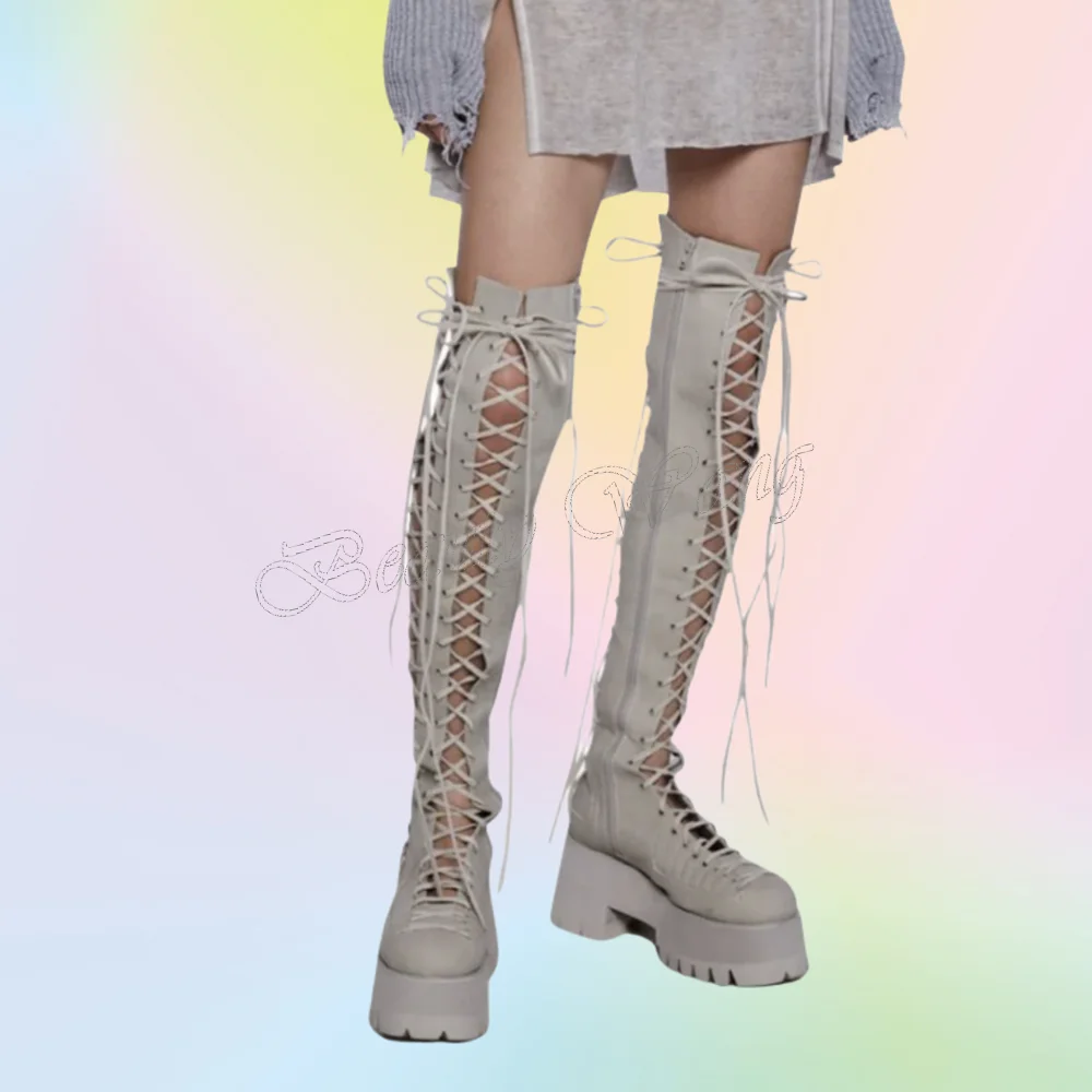 Beige Front Cross Tied Boots Thigh High Platform Round Toe Long Shoes High Heel Shoes for Women Shoes 2025 Zapatos Para Mujere