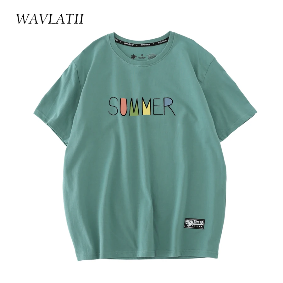 WAVLATII Women New Light Green Summer T Shirts Female 210g/m2 Cotton Fabric Tees Lady White Streetwear Short Sleeve Tops WT2303