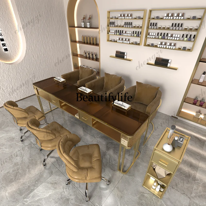 

TTT Fashion brown single-layer glass manicure table single double triple manicure table chair set