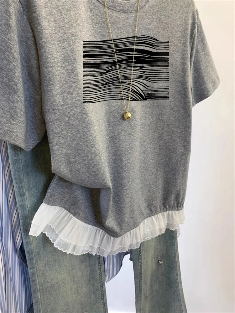 

Футболка Ele ey Hem Splice ort Sve, уникальный дизайн, повседневный женский модный универсальный летний топ свободного покроя