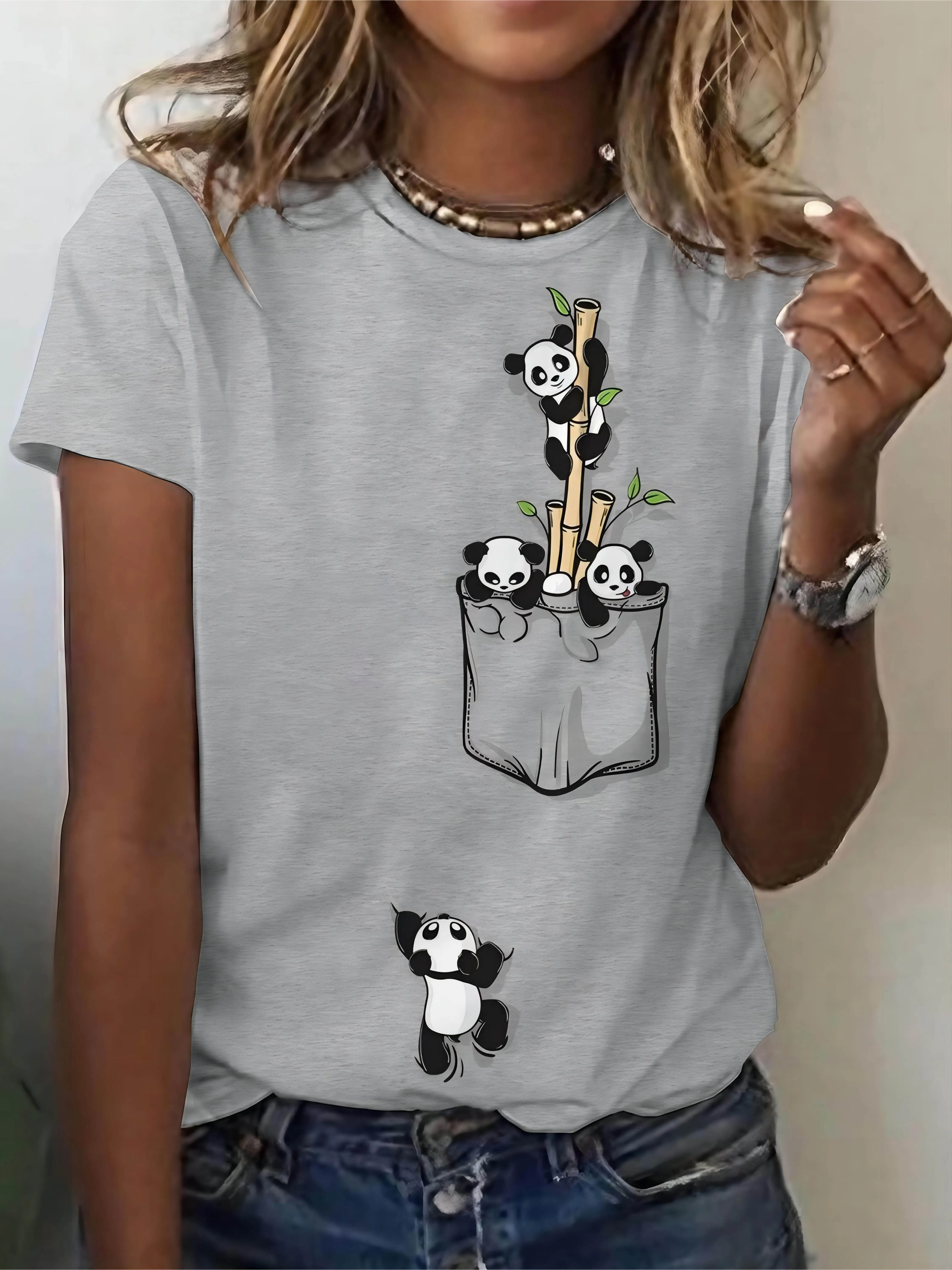 Women's T-shirt Round Neck Pocket Panda Bamboo Print Short Sleeve Casual Daily Summer Women Clothes