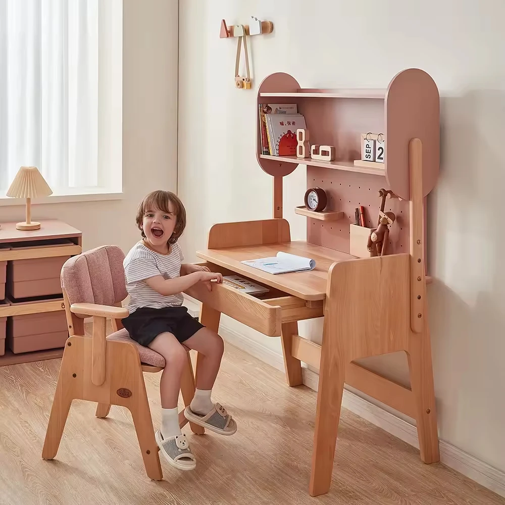 New Ergonomic Children's Learning Desk Bookshelf Bedroom Solid Wood Height Adjustable Study Table Chair Set