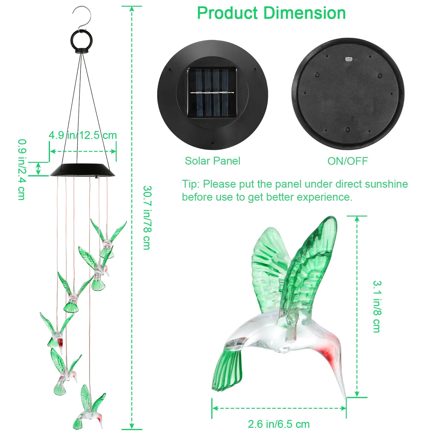 Solar Hummingbird Wind Chime Lights, 6 LEDs Color Changing LED Solar Wind Chime, IP65 Waterproof Outdoor Hanging Decor Lamp for Garden Patio Yard Fence Home Party Decor