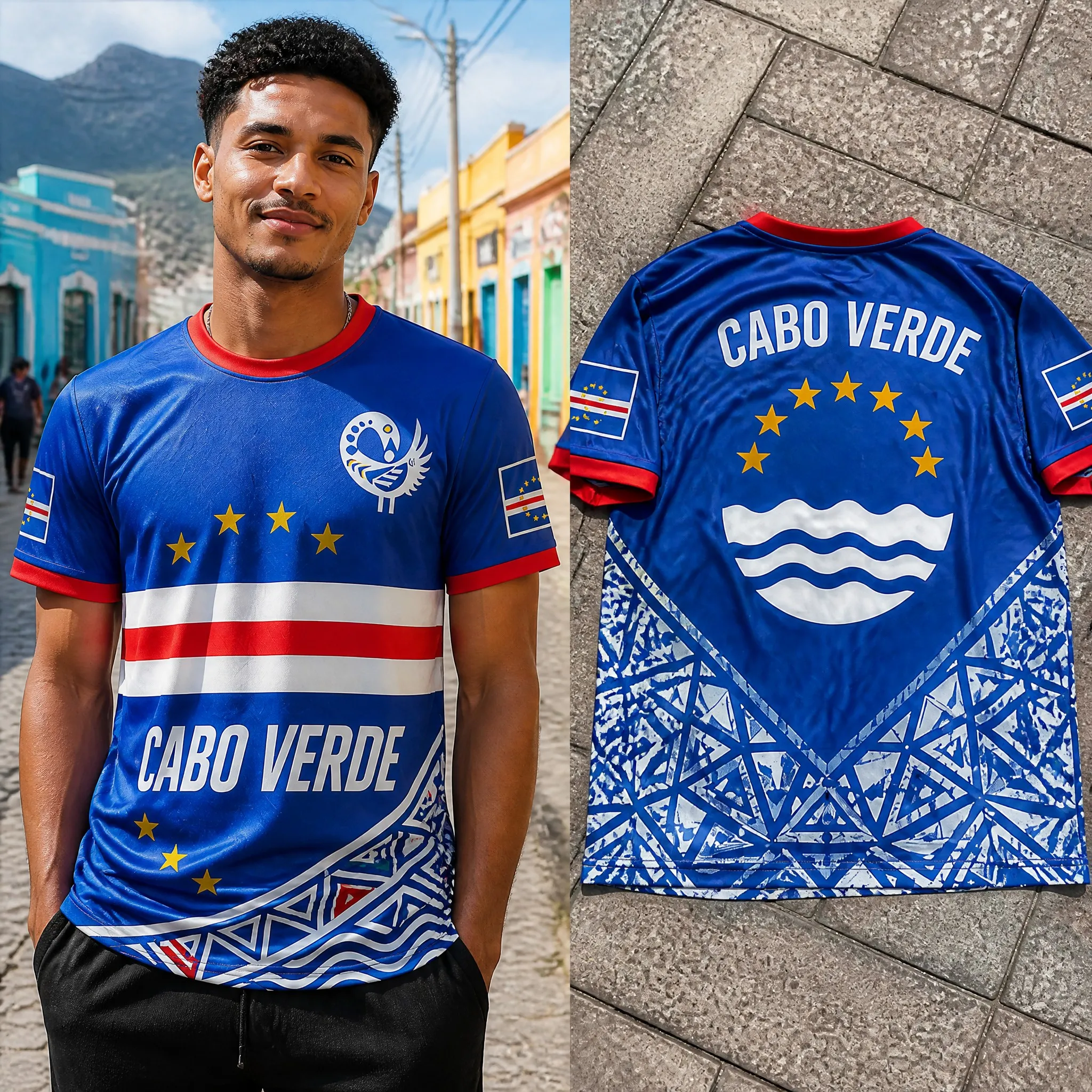 Mens Cabo Verde Crew Neck T Shirt Blue Flag Print Short Sleeve Casual Top Island Style Graphic Front Back Streetwear Island Vibe