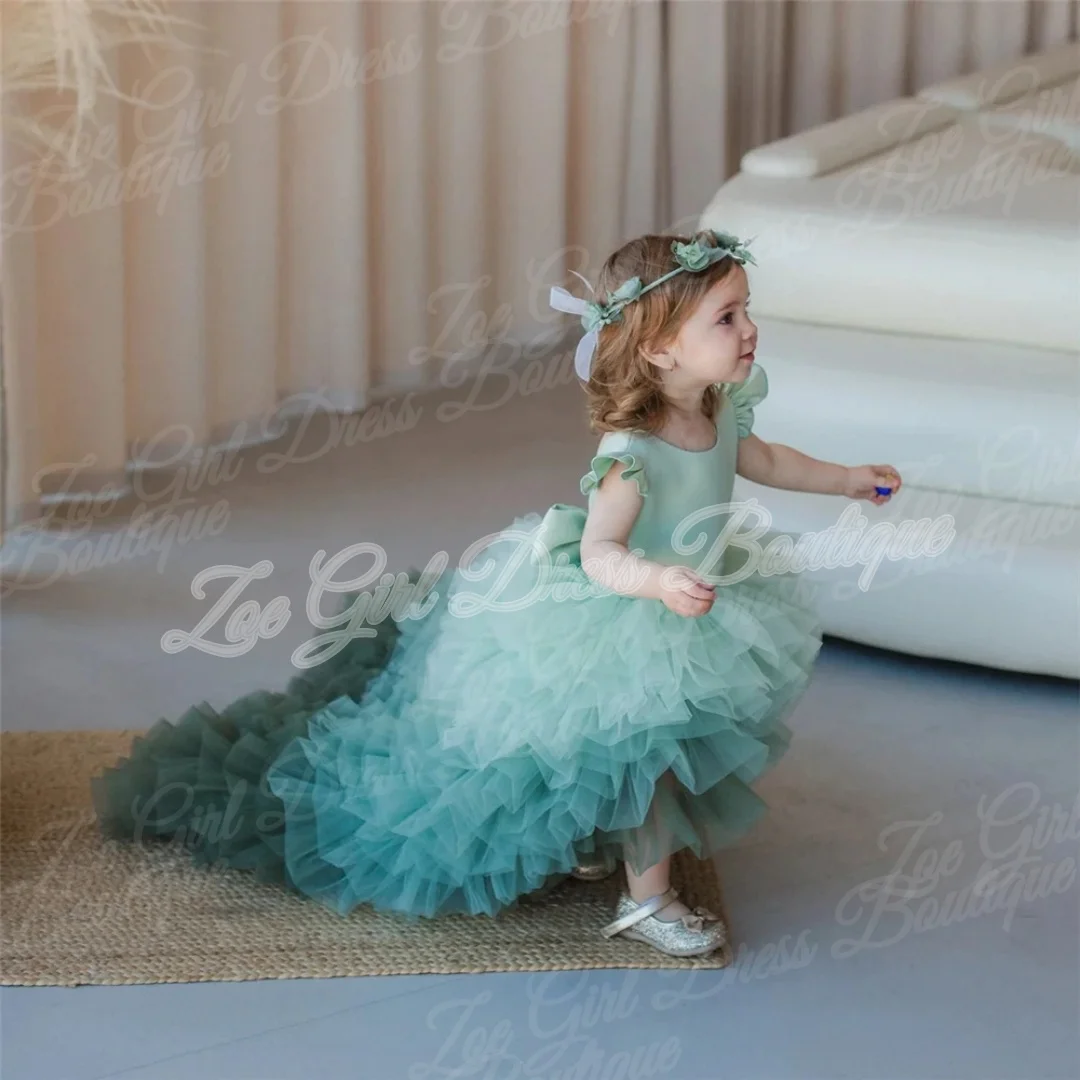 Lovely Layered Green Gradient Flower Girls Dresses Tulle Puffy Girls Princess For Wedding Birthday Party Gowns Customized