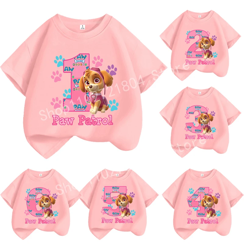 Paw Patrol T-shirt Cartoon Print Round Neck Short Sleeve Tops Cute Girls Clothes Fashion Birthday Tees Christmas Cotton Shirts